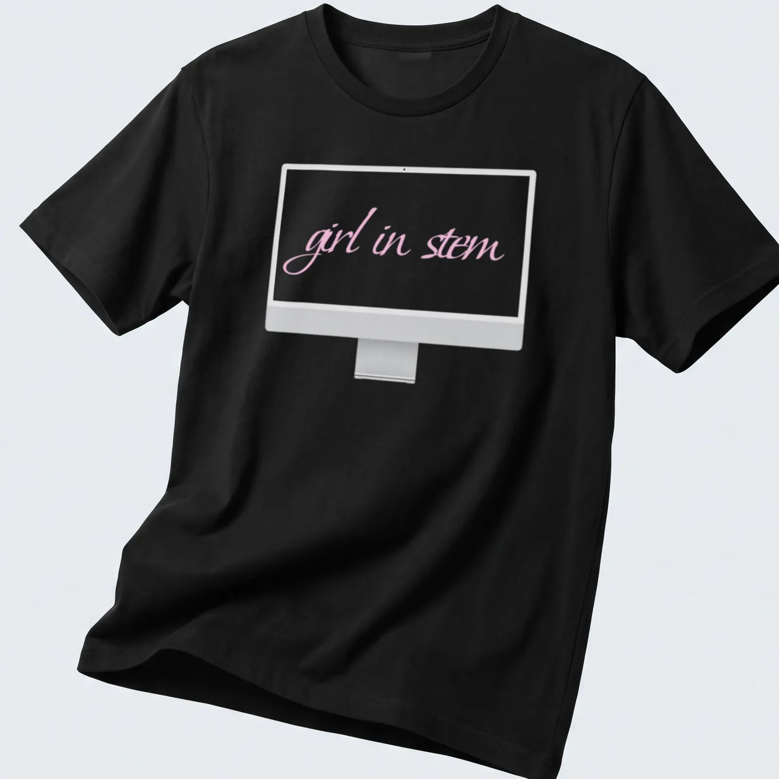 Cursive typography t-shirt featuring the phrase 'girl in stem' in pink — printed on a unisex t-shirt