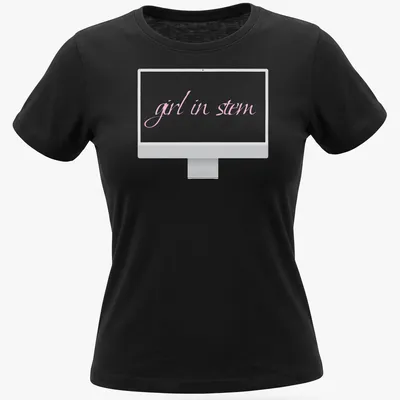 Cursive typography t-shirt featuring the phrase 'girl in stem' in pink — printed on a women's shirt