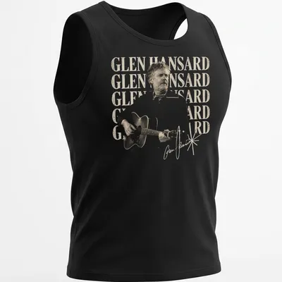 Vintage illustration of Glen Hansard playing guitar in beige, black, and white — printed on a tank top