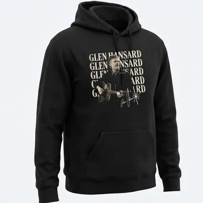 Vintage illustration of Glen Hansard playing guitar in beige, black, and white — printed on a unisex hoodie