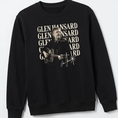 Vintage illustration of Glen Hansard playing guitar in beige, black, and white — printed on a unisex sweatshirt