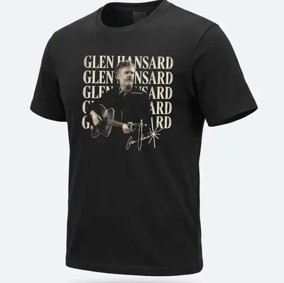 Vintage illustration of Glen Hansard playing guitar in beige, black, and white — printed on a unisex t-shirt