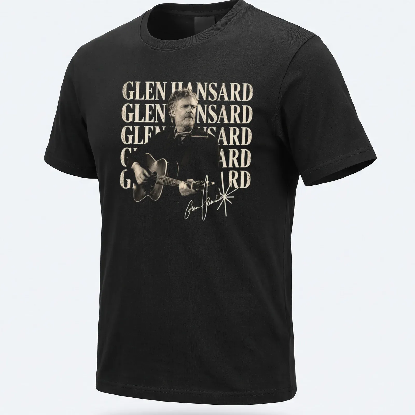 Vintage illustration of Glen Hansard playing guitar in beige, black, and white — printed on a unisex t-shirt