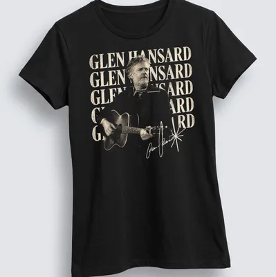 Vintage illustration of Glen Hansard playing guitar in beige, black, and white — printed on a women's shirt
