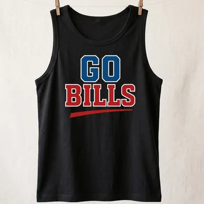 Vintage styled Go Bills t-shirt in bold lettering with team colors — printed on a tank top