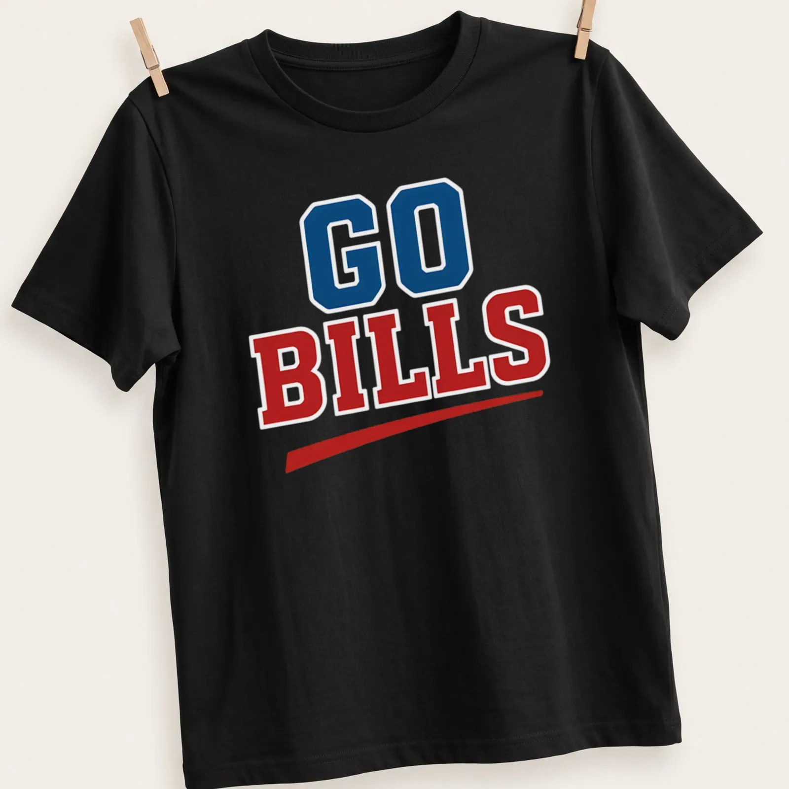 Vintage styled Go Bills t-shirt in bold lettering with team colors — printed on a unisex t-shirt