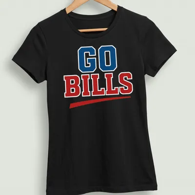 Vintage styled Go Bills t-shirt in bold lettering with team colors — printed on a women's shirt