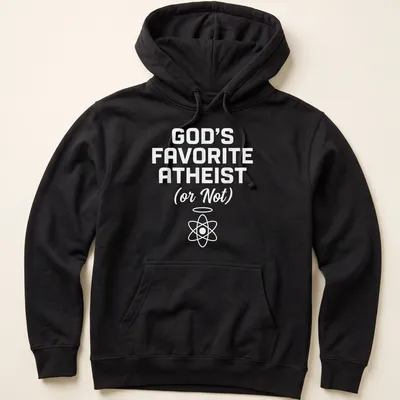 Minimalist design featuring the text God's Favorite Atheist with an atom symbol — printed on a unisex hoodie