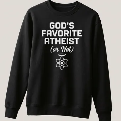 Minimalist design featuring the text God's Favorite Atheist with an atom symbol — printed on a unisex sweatshirt