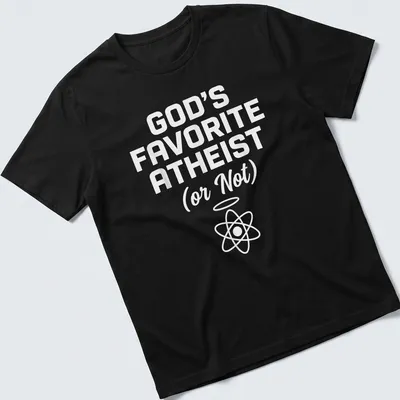 Minimalist design featuring the text God's Favorite Atheist with an atom symbol — printed on a unisex t-shirt