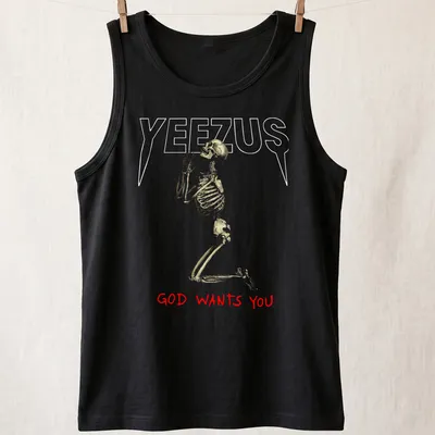 Realistic skeleton illustration with the text 'GOD WANTS YOU' in gold and red — printed on a tank top