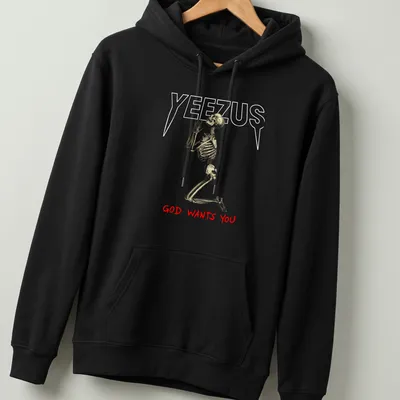 Realistic skeleton illustration with the text 'GOD WANTS YOU' in gold and red — printed on a unisex hoodie