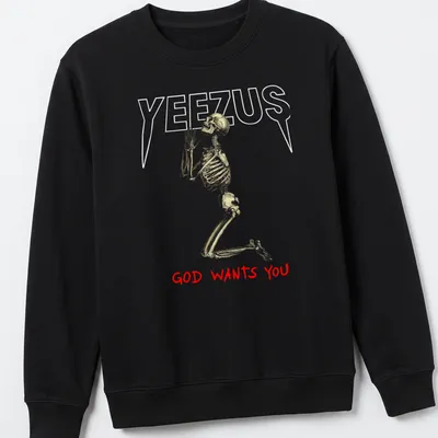 Realistic skeleton illustration with the text 'GOD WANTS YOU' in gold and red — printed on a unisex sweatshirt