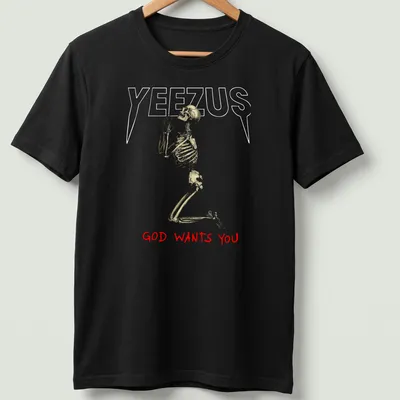 Realistic skeleton illustration with the text 'GOD WANTS YOU' in gold and red