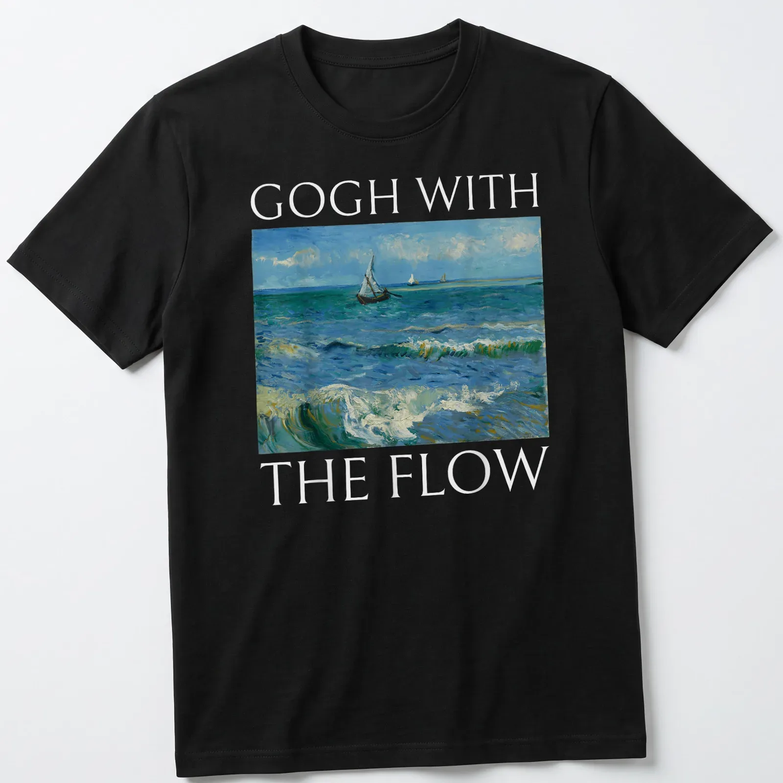 Serene sailboats on ocean waves illustrated in impressionist style. — printed on a unisex t-shirt