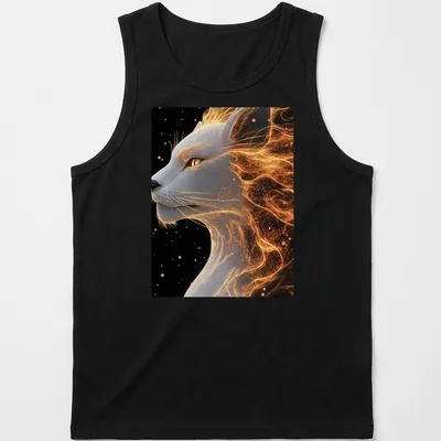Digital art of a lion with flames in gold, white, black, and orange tones — printed on a tank top