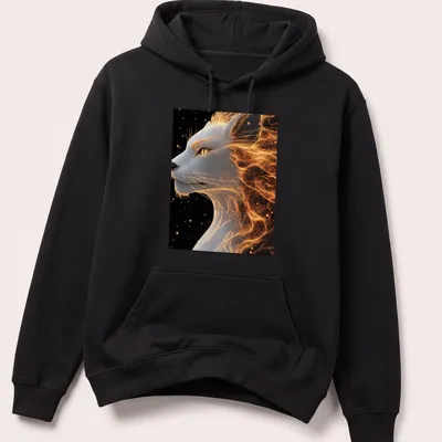 Digital art of a lion with flames in gold, white, black, and orange tones — printed on a unisex hoodie