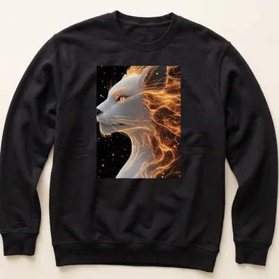 Digital art of a lion with flames in gold, white, black, and orange tones — printed on a unisex sweatshirt