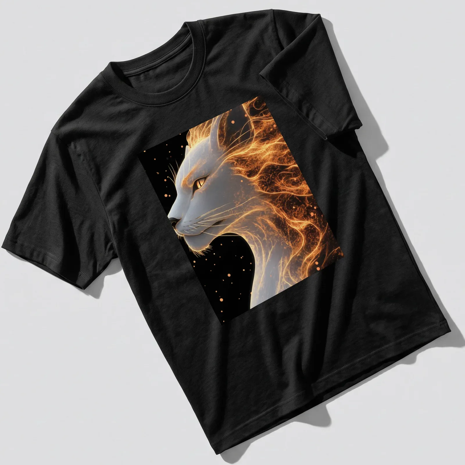 Digital art of a lion with flames in gold, white, black, and orange tones — printed on a unisex t-shirt
