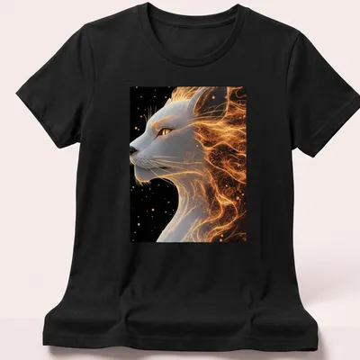 Digital art of a lion with flames in gold, white, black, and orange tones — printed on a women's shirt