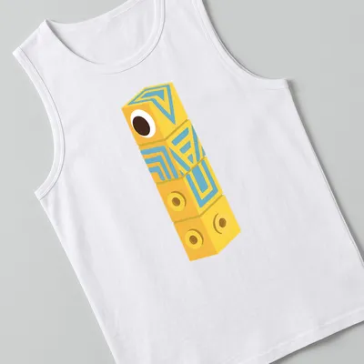 Playful cartoon geometric cube character in yellow, blue, and brown — printed on a tank top