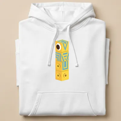 Playful cartoon geometric cube character in yellow, blue, and brown — printed on a unisex hoodie