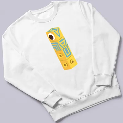 Playful cartoon geometric cube character in yellow, blue, and brown — printed on a unisex sweatshirt