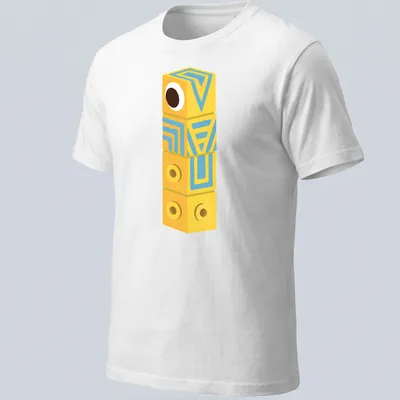 Playful cartoon geometric cube character in yellow, blue, and brown — printed on a unisex t-shirt