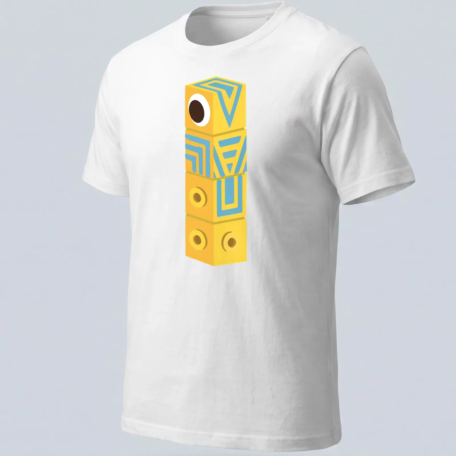 Playful cartoon geometric cube character in yellow, blue, and brown — printed on a unisex t-shirt