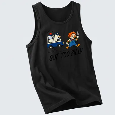 Cartoon horror duck being chased by a police car with the text GOT TOO SILLY — printed on a tank top