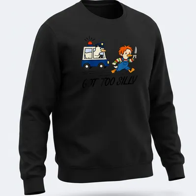 Cartoon horror duck being chased by a police car with the text GOT TOO SILLY — printed on a unisex sweatshirt