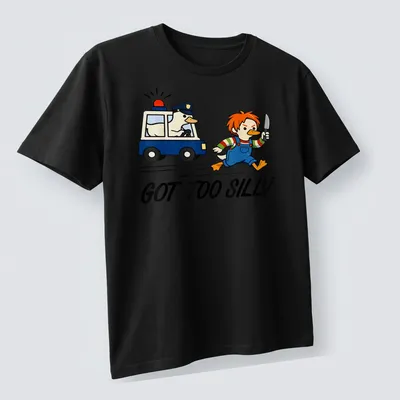Cartoon horror duck being chased by a police car with the text GOT TOO SILLY — printed on a unisex t-shirt (angled view)