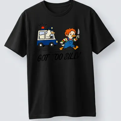 Cartoon horror duck being chased by a police car with the text GOT TOO SILLY — printed on a unisex t-shirt