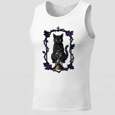 Gothic black cat with hourglass graphic in purple, gold, and white — printed on a tank top