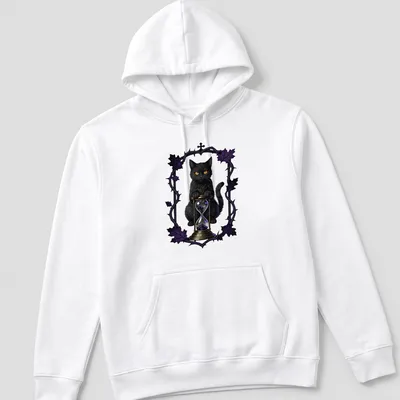 Gothic black cat with hourglass graphic in purple, gold, and white — printed on a unisex hoodie