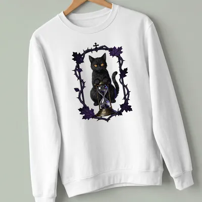 Gothic black cat with hourglass graphic in purple, gold, and white — printed on a unisex sweatshirt