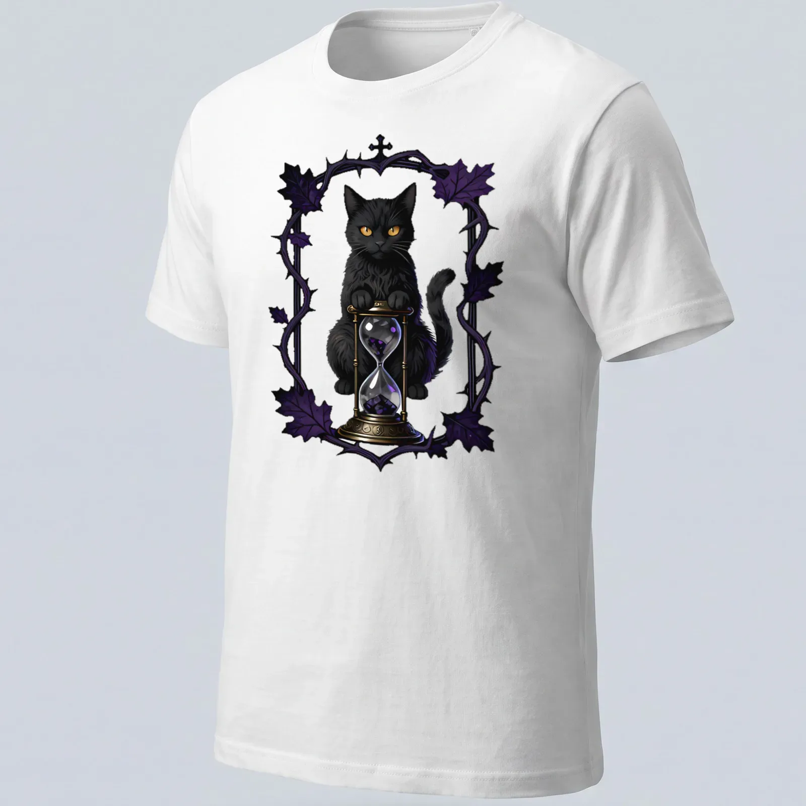 Gothic black cat with hourglass graphic in purple, gold, and white — printed on a unisex t-shirt