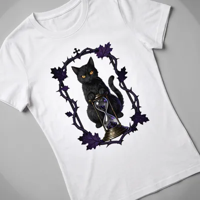 Gothic black cat with hourglass graphic in purple, gold, and white — printed on a women's shirt