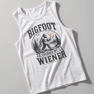 Vintage woodcut print of Bigfoot with humorous text about a wiener — printed on a tank top