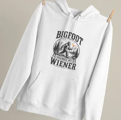 Vintage woodcut print of Bigfoot with humorous text about a wiener — printed on a unisex hoodie