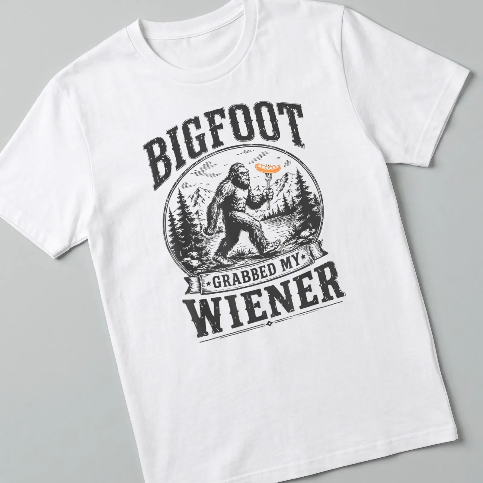 Vintage woodcut print of Bigfoot with humorous text about a wiener — printed on a unisex t-shirt