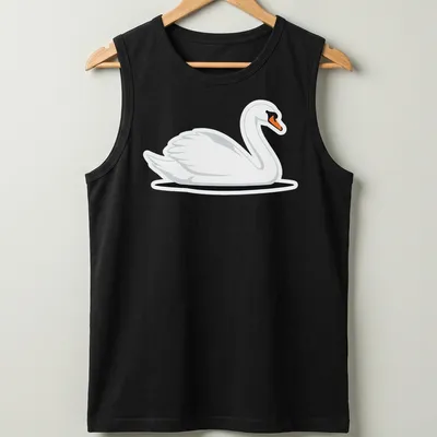 Illustration of a graceful white swan swimming in water with orange and black accents — printed on a tank top