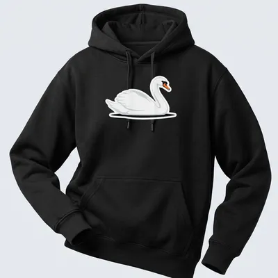 Illustration of a graceful white swan swimming in water with orange and black accents — printed on a unisex hoodie