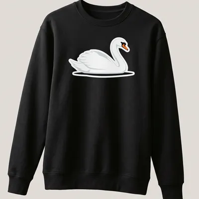 Illustration of a graceful white swan swimming in water with orange and black accents — printed on a unisex sweatshirt