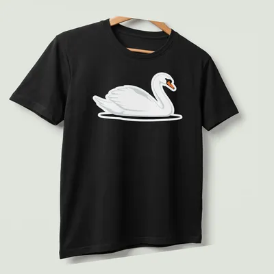 Illustration of a graceful white swan swimming in water with orange and black accents — printed on a unisex t-shirt (angled view)