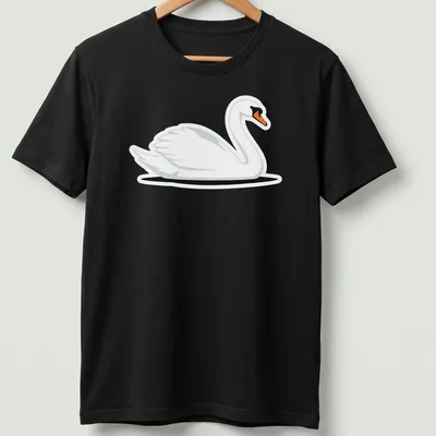 Illustration of a graceful white swan swimming in water with orange and black accents