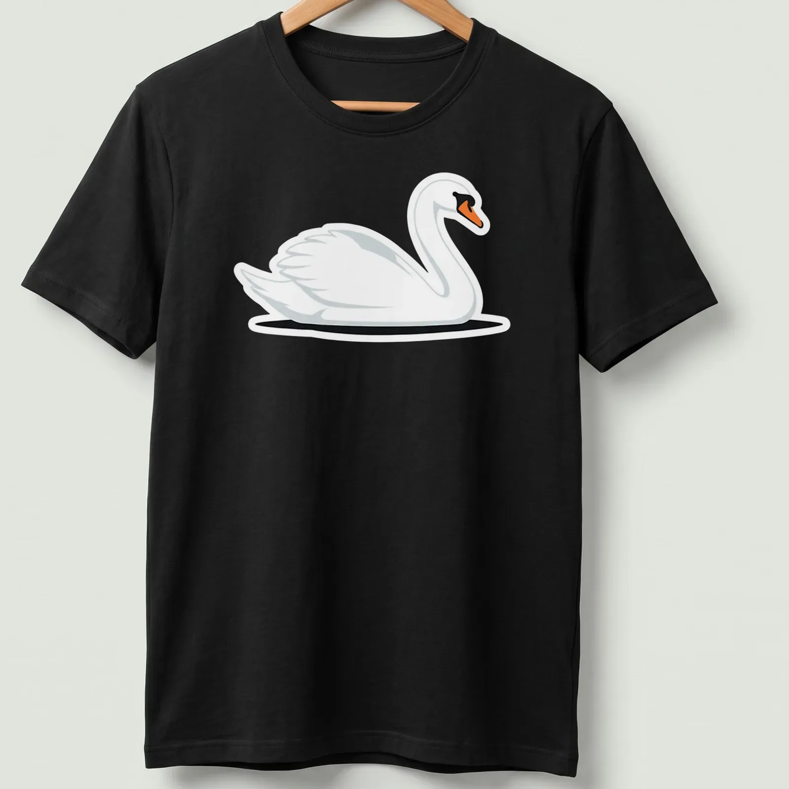 Illustration of a graceful white swan swimming in water with orange and black accents — printed on a unisex t-shirt