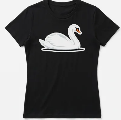 Illustration of a graceful white swan swimming in water with orange and black accents — printed on a women's shirt