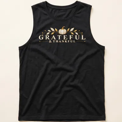 Elegant golden pumpkin T-shirt with Grateful & Thankful lettering — printed on a tank top