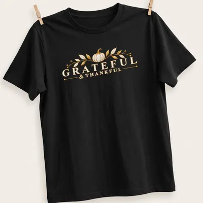 Elegant golden pumpkin T-shirt with Grateful & Thankful lettering